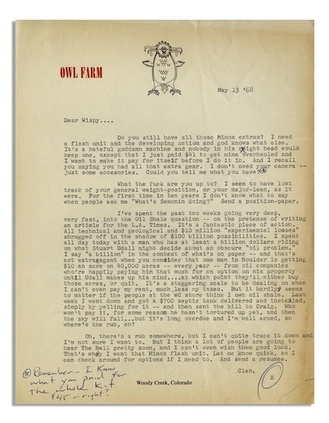 Hunter S. Thompson Letter Signed From 1968 With Additional Handwritten Note -- ''...It's a fantastic piece of action...$10 million 'experimental losses' shrugged off...''